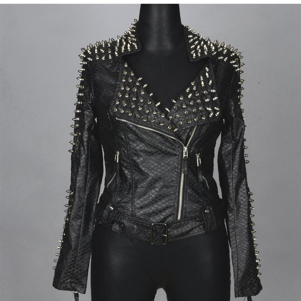 European & American Women's Punk Style Rivet Lapel Faux Sheepskin Motorcycle Jacket for Autumn & Winter