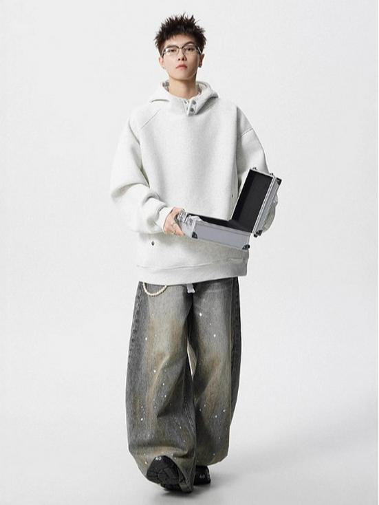 Trendy Plus Velvet Heavyweight Unisex Hooded Button-Up Retro Pullover Hoodie Jacket