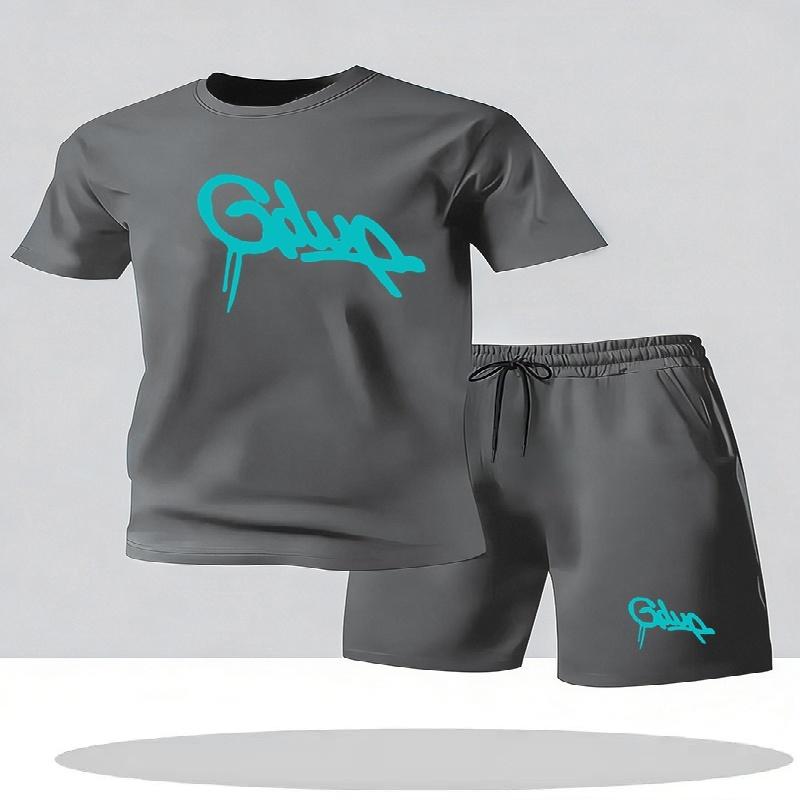 Youth Men's Fashionable Casual Sports Two-Piece Set Print Summer Short-Sleeved T-Shirt And Shorts Ensemble