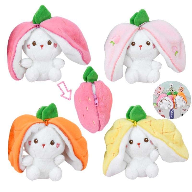 Schattig Aardbeien Konijn Pluche Speelgoed Sleutelhanger Fruit Transformatie Pop Tas Hanger