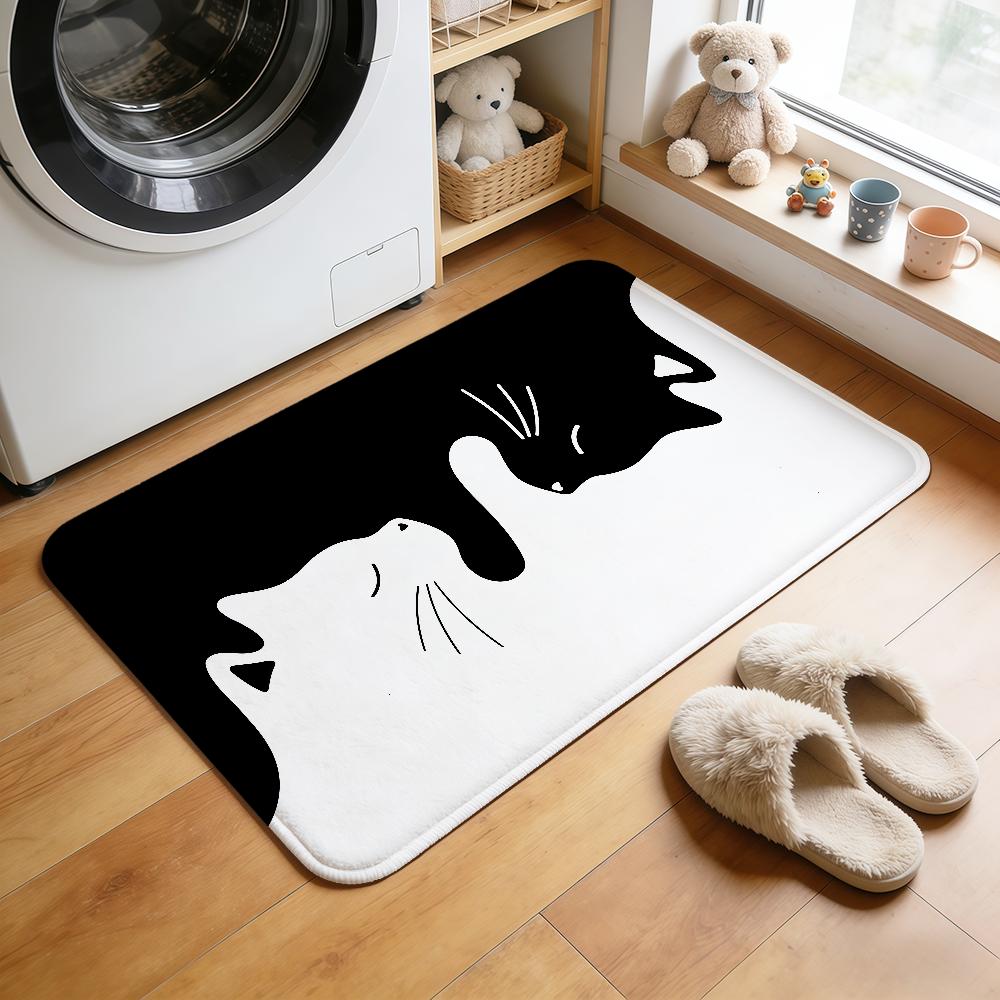 Black and White Cats Fun Cute Cool Hogar Bedside Rug Kitchen Bath Floor Mat Hallway Balcony Carpet Entrance Doormat Decor Home