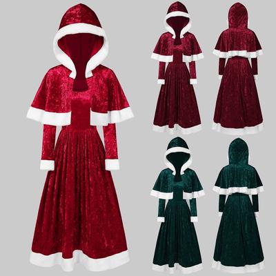 Vestido feminino de veludo com manga comprida para festival e capa com capuz