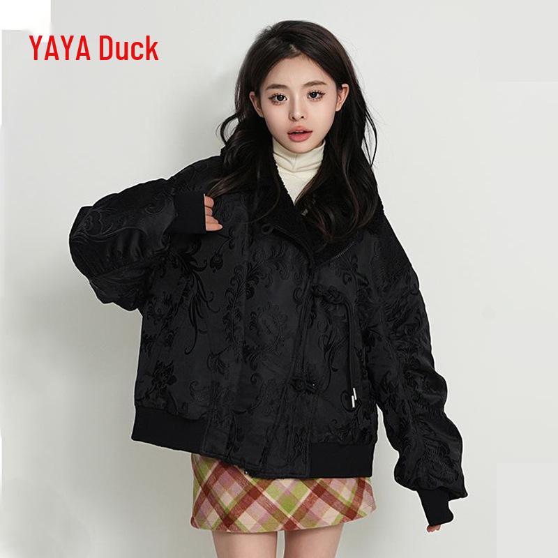 Yaya Women's 2025 Winter Shearling Collar Down Jacket – New Chinese Style, Short & Loose Fit