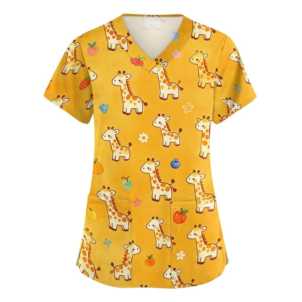 Women's V Neck Short Sleeve Work Top with Pockets Animal Print Medical Scrub Shirt for Healthcare Professionals Comfortable Fit Durable Fabric
