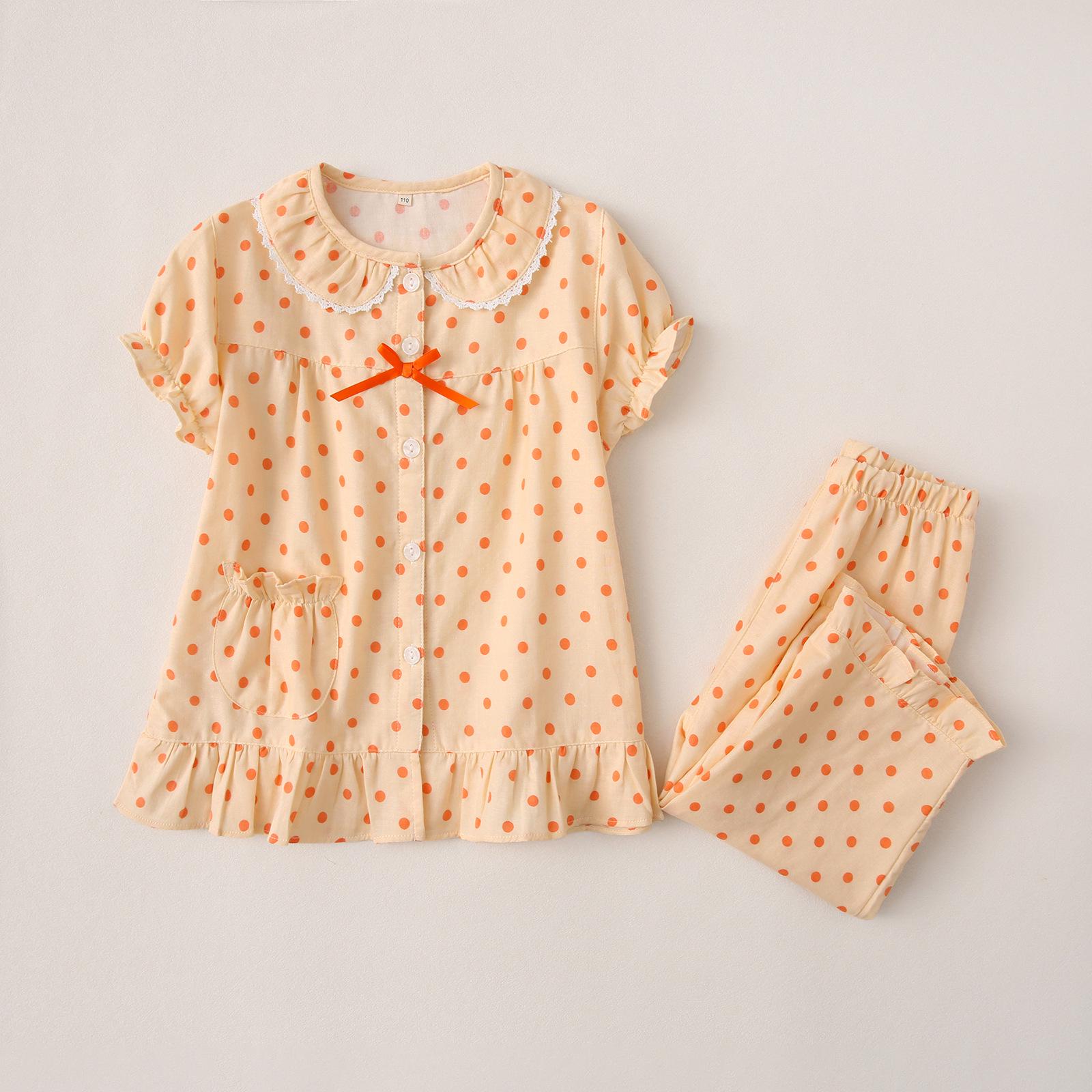 2026 Spring & Autumn Cotton Double Layer Gauze Doll Collar Girls  Short Sleeve Pajama Set 120cm