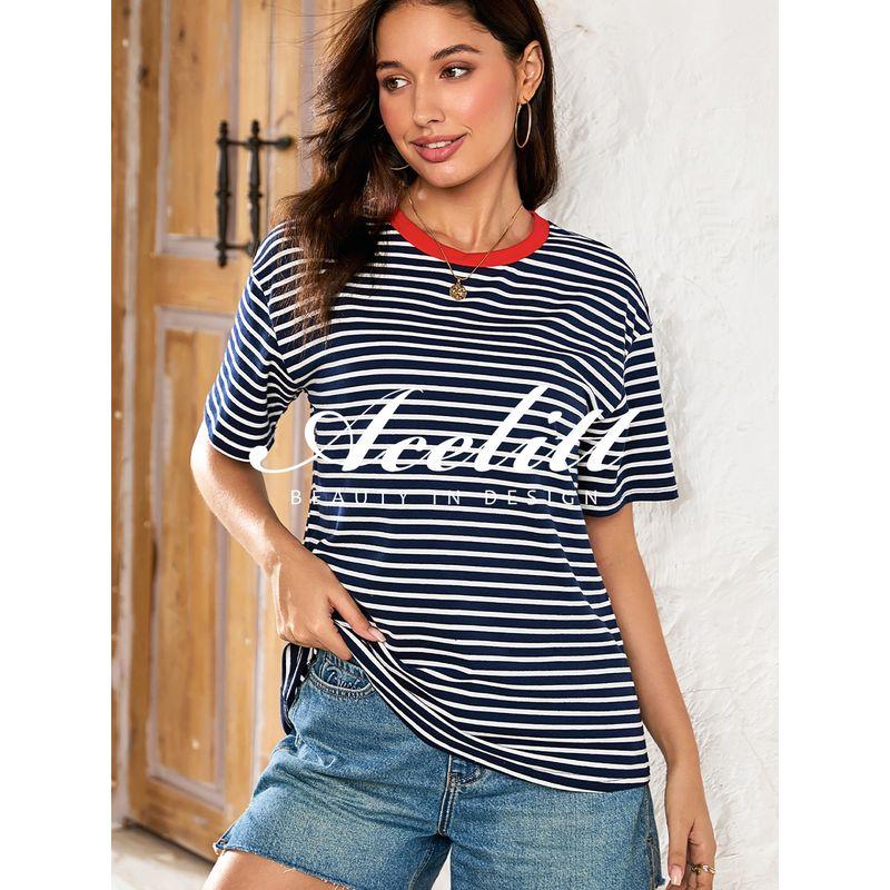 Acelitt Casual All-matching O-neck Pullover Women 2025 Summer New Stripe Print Short Sleeve T-shirt