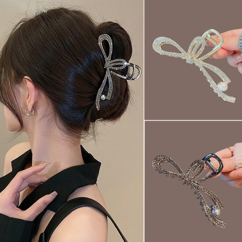 Luxury Black Crysyal Bow Hair Clasp Clip Fashion Large Hairpins Crab Barrettes Hairgrip Korean Hair Claw For Women Hair Accessories