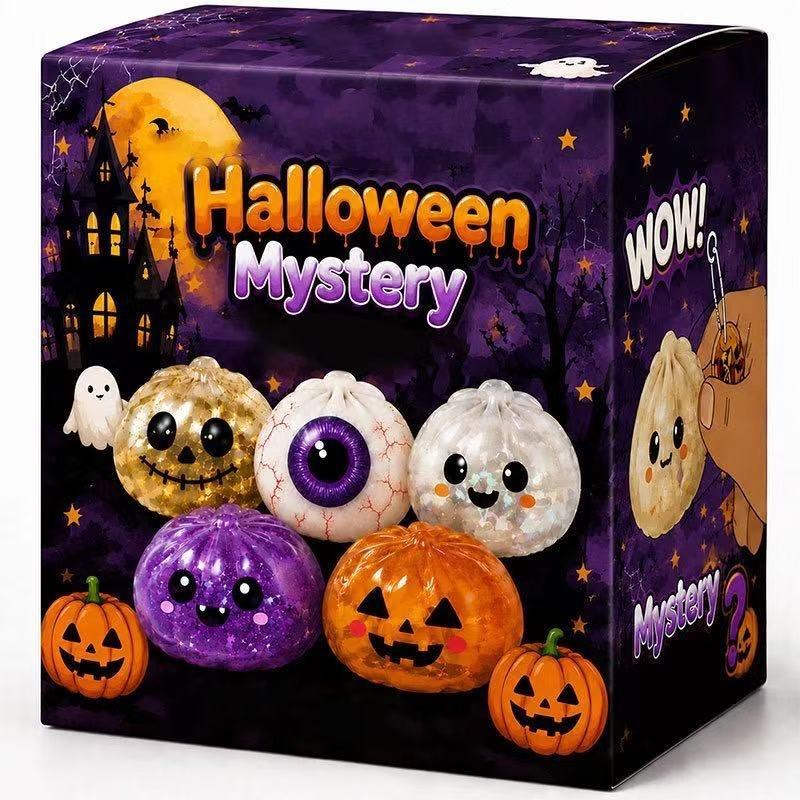5er-Pack Große Halloween Squishy Stressabbau-Spielzeuge, 10 cm Durchmesser TPR Glitzer Knetbrötchen Spielzeug, Niedliche Sensorische Fidget Spielzeuge, Halloween Party Geschenke