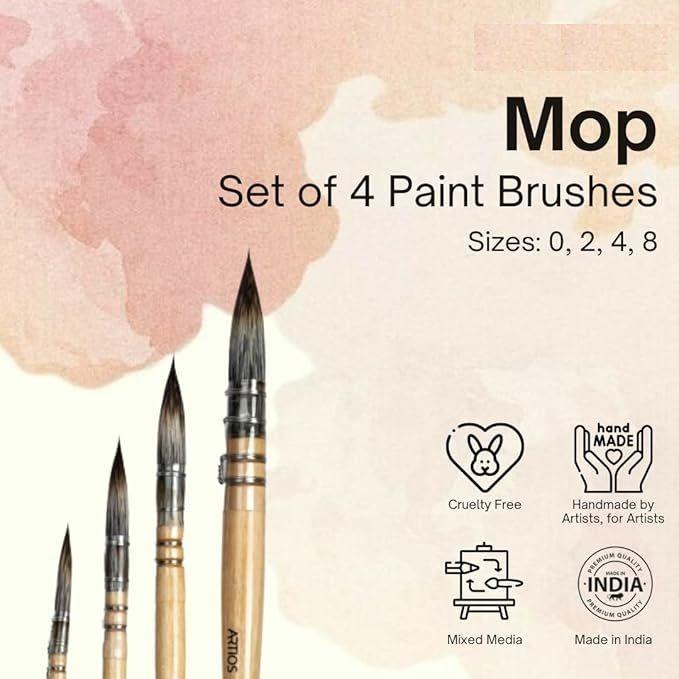 Watercolor Mop Paint Brush Set for Artists Painting with Brush Holder, Set of 4 (0, 2, 4, 8)-Wood