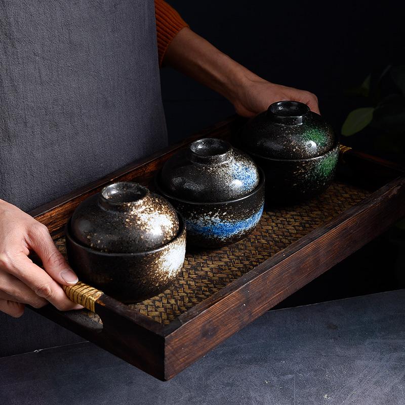 Japanische Suppen-Reisschale mit Deckel Sushi Knödel Würzschale Keramik Eierschale Dessert Traditionelle Miso-Suppenschale Besteck