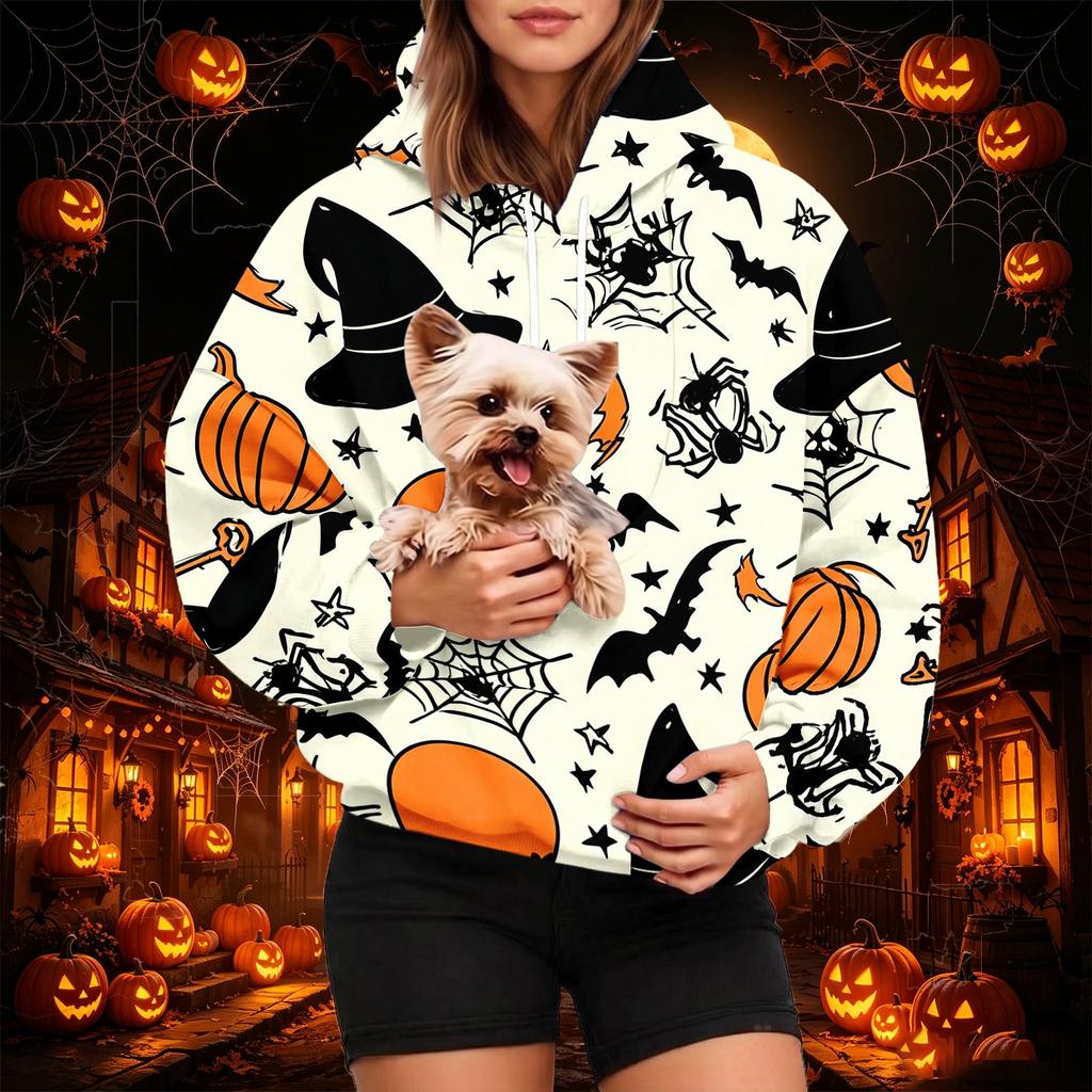 Women's Fashion Halloween Print Hoodie with Pet Pocket, Casual Pullover Sweatshirt for Fall