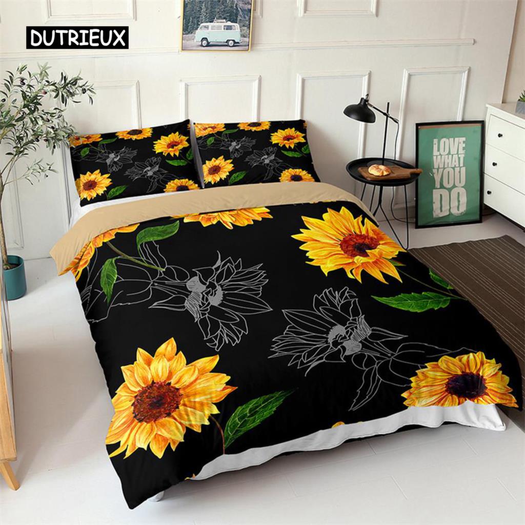 Sunflower Duvet Cover Set Yellow Flower Twin Bedding Set Polyester Black Gold Yellow Sunflowers Print Quilt Cover for Kids Teens