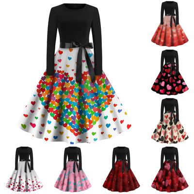 Women's Fashion Round Casual Slim Fit  Print Large Swing Long Sleeve Dress