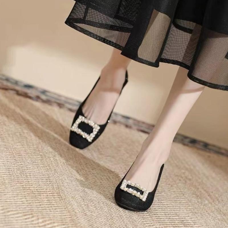 2024 High Quality Women's Shoes Slip-on Women's High Heels Fashion Square Button Office and Career New Crystal Heels Women