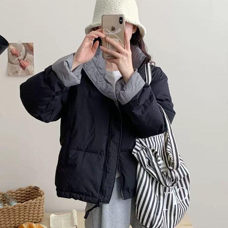 Winter Color Block Stand Collar Down Jacket - Korean Style Short & Thick Loose Fit Coat