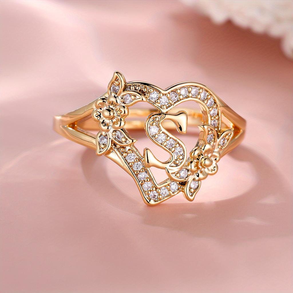 1 Stück goldene Farbe 26 englische Buchstaben CZ Zirkon Ring Rose Blume verstellbare Öffnung Ring Ehering Schmuck Valentinstag Geschenk