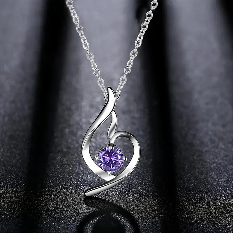 Huitan Charming Purple Pendant Necklace for Women Temperament Elegant Bridal Wedding Neck Accessories Eternity Jewelry
