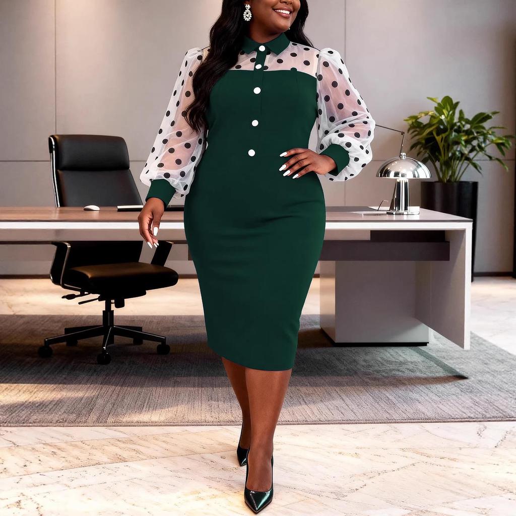 Plus Size Black & White Polka Dot Puff Sleeve Waist-Cinched Shirt Collar Work Dress