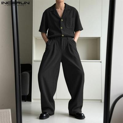 2PCS Men Lapel Neck Corduroy Short Sleeve Shirt Long Straight Pants Sets Outfits