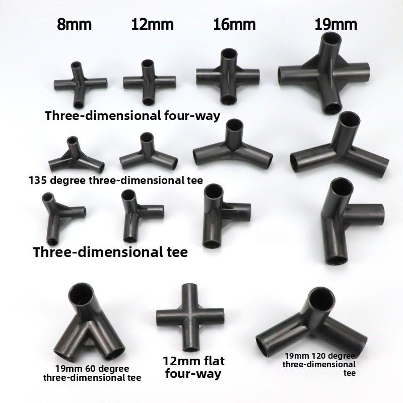 1 ks Černý konektor trubky DIY police Stan Pevný konektor Montážní díly Vnitřní průměr 8/12/16/19 mm ABS plast T-kus Čtyřcestný koleno Rovné spojení