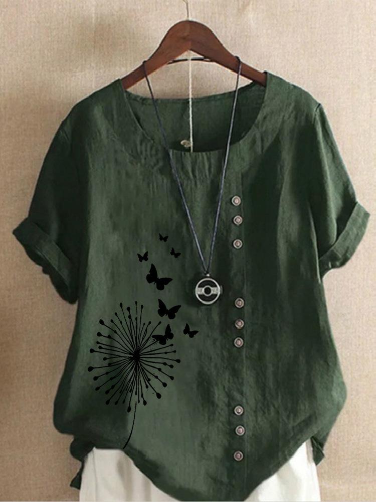 

Большой повседневный свободный свитер с принтом бабочек и короткими рукавами, футболка в стиле ретро из хлопка и льна, женская одежда 5XL темно-зеленого