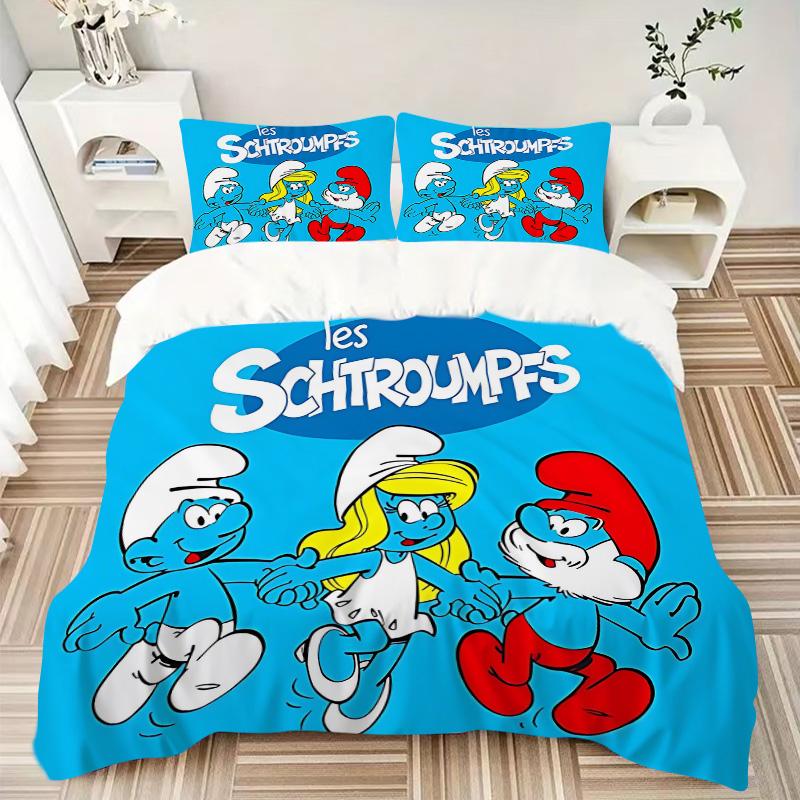 Smurfs' Adventure Print 3Pcs Bedding Setduvet Cover With 2 Bedropillowcase Home Birthday Gift
