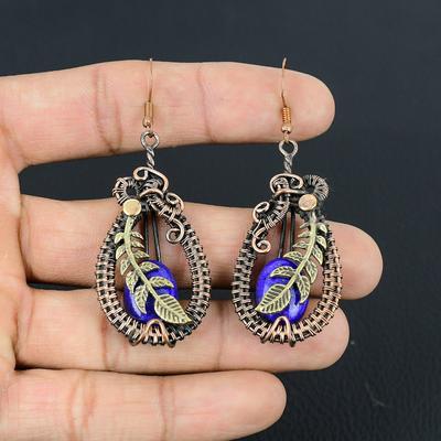 Lapis Lazuli Gemstone Handmade Pure Copper Wire Wrapped Earrings Jewelry For Thanksgiving