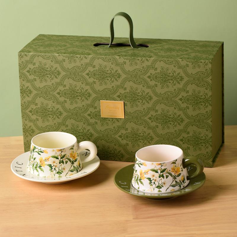 Nordic Light Luxury Creative Floral Print Afternoon Tea Coffee Cup and Saucer Set Home Breakfast Cup Exquisite Gift for Couples