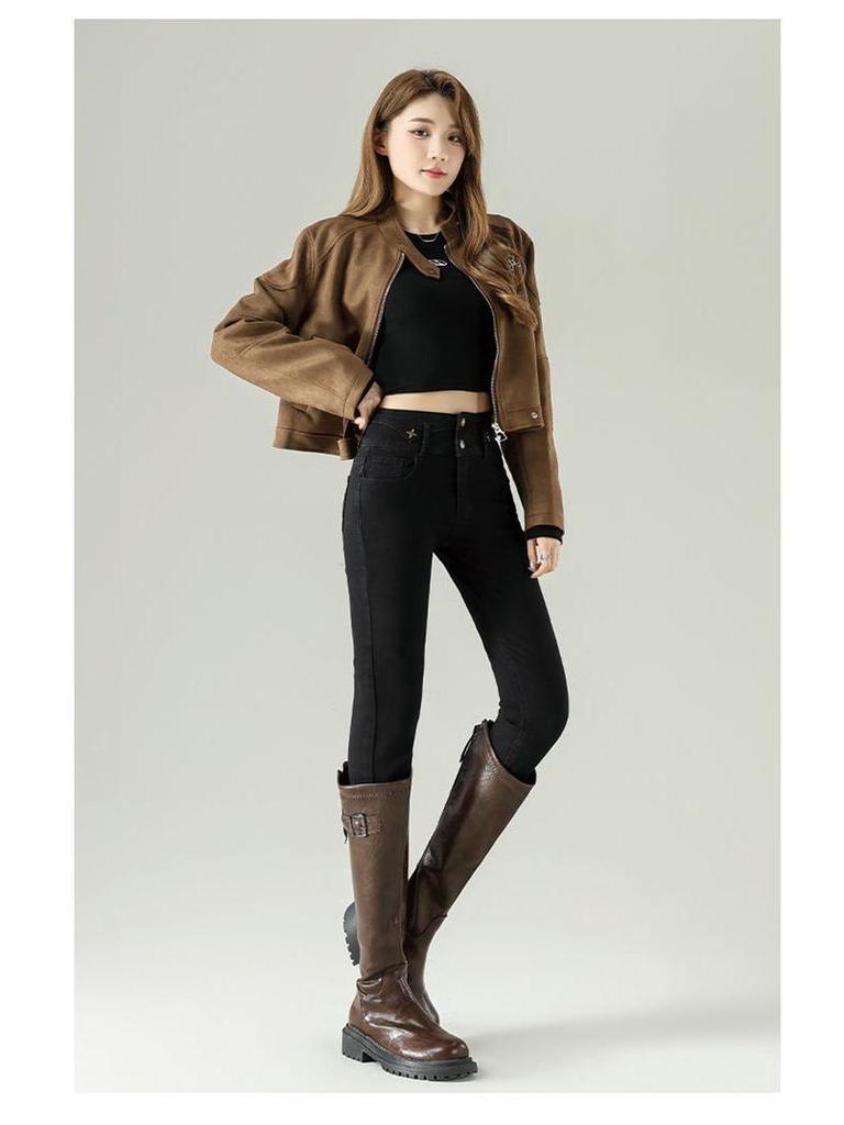 Women's High-Waisted Skinny Stretch Jeans - 2025 Autumn/Winter Plus Velvet Nine-Point Pencil Pants