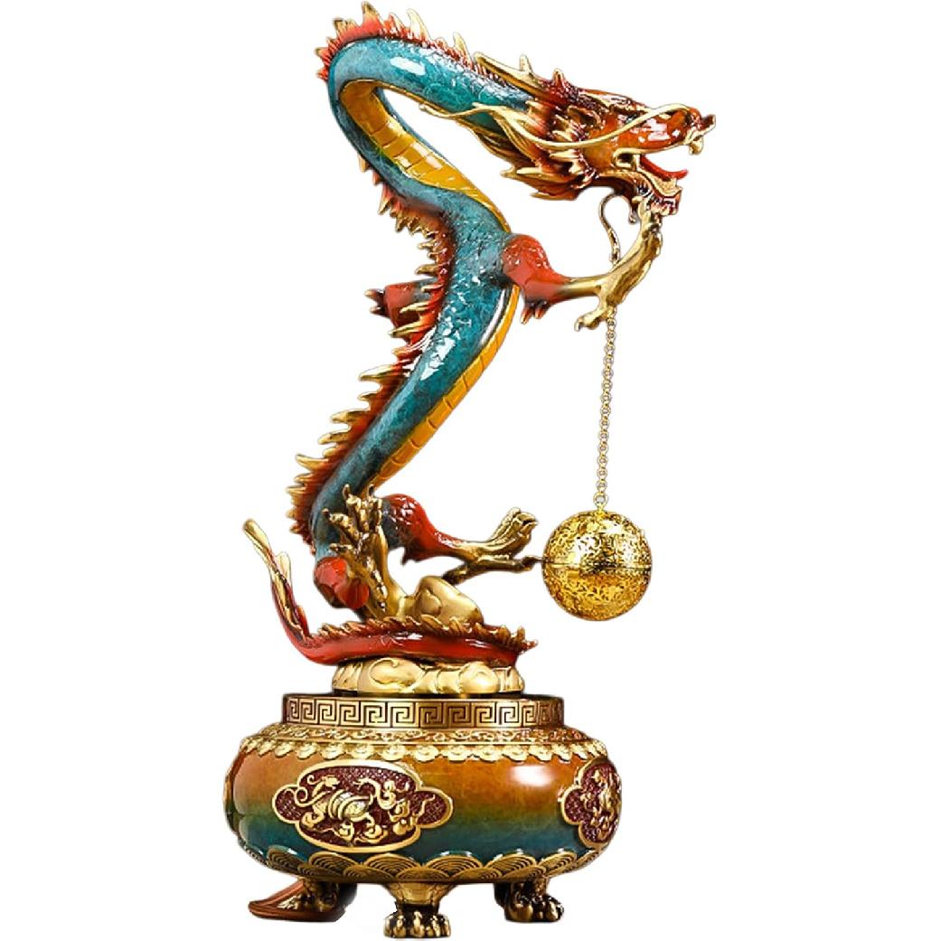 Aris & Juno Copper Chinese Dragon Statue, “Dragon Bringing Fortune” Feng Shui Lucky Figurine with Ball, 360° Rotating Display, Handcrafted Decor