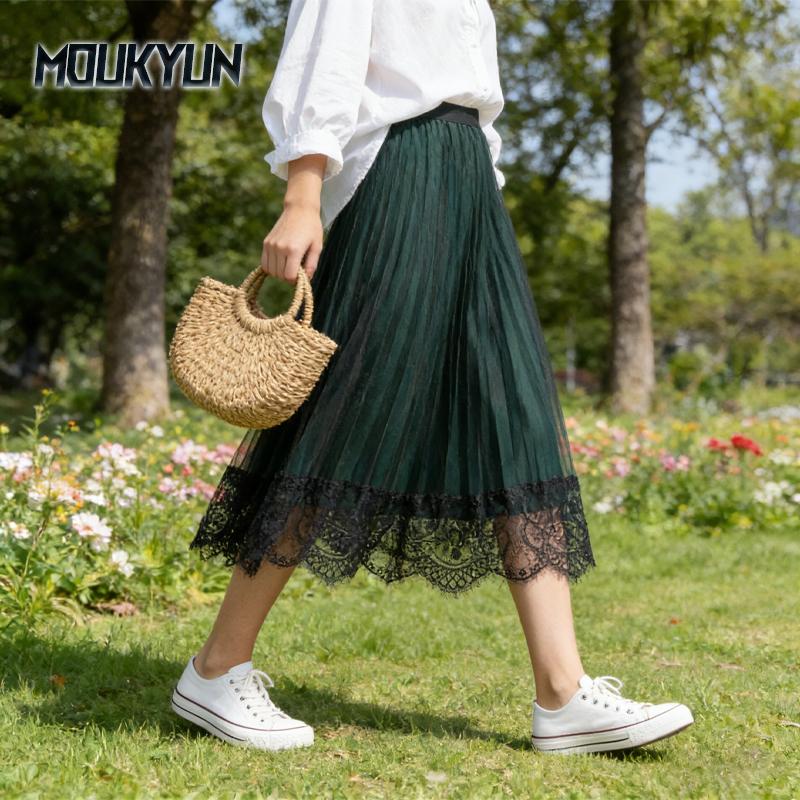 Vintage Lace Gauze Women Skirts Korean Elegant Loose Midi High-waisted Floral Skirt Woman Female Faldas