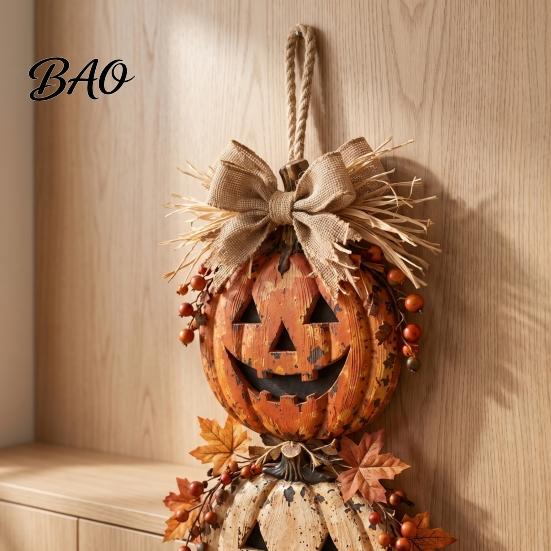 Halloween Party Front Door Sign Stacked Pumpkin Hanger, Vintage Jack?O?Lantern Wall Hanging Ornament, Rustic Decor Fall Harvest for Porch