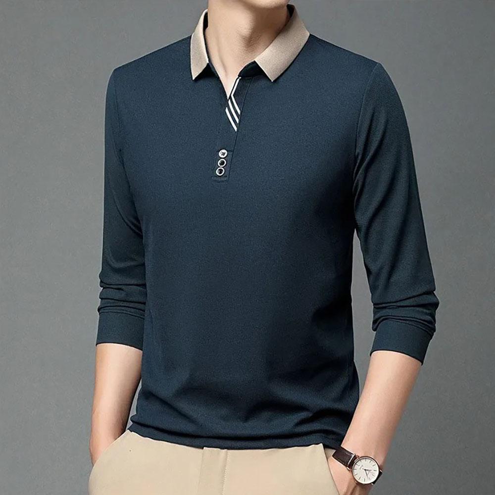 

Spring New Men s Long Sleeve T-shirt Breathable Slim Fit Turn-down Collar Polo Shirt Casual Basic Style Male Fashion Tops M чорний