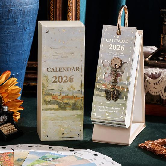 2026 Vintage European Style Oil Painting Flip Calendar Desktop Flip Calendar with Butterfly Charm Aesthetic Desk Organizer for Home Living Room Decor