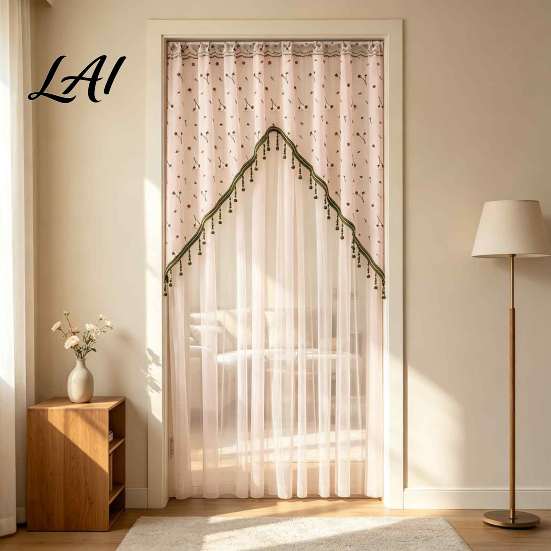 Elegant Sheer Door Hangings Floral Curtain with Beads Lace Embroidered Gauze Room Romantic Home Decor for Living Divider Rod Pocket Doorway Bedroom