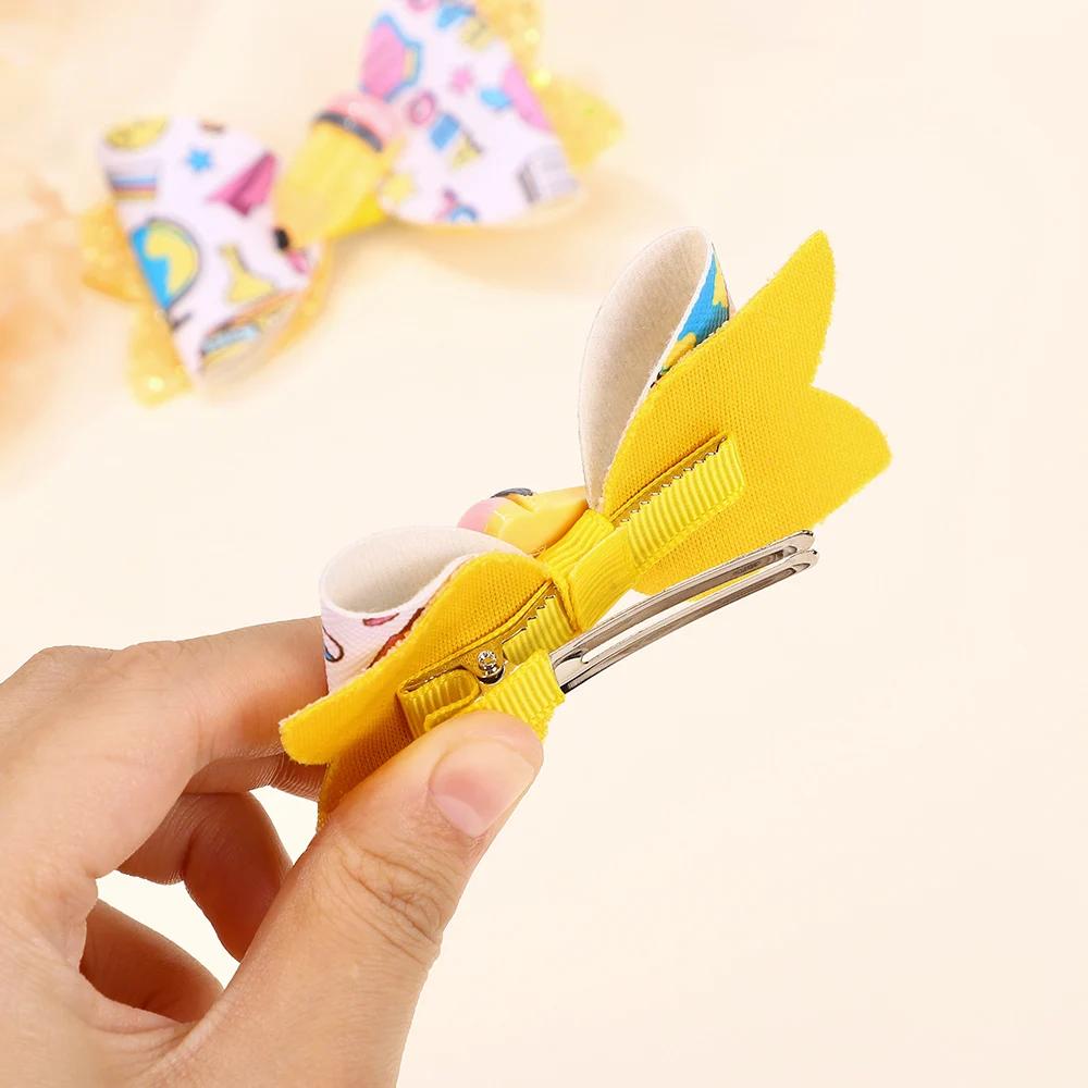 2pcs/set Glitter Back To School Hair Bows Clip for Girls School Bus Hairpins Sweet Doughnut Barrettes Headwear Hair Acesssories