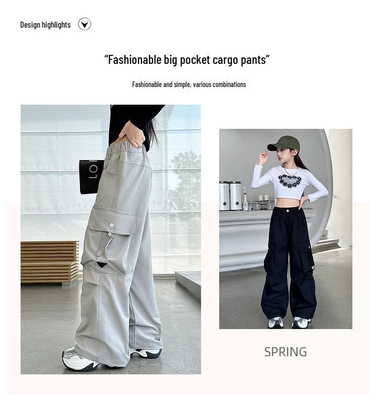 Mädchen Cargo Hose - 2025 Neuer Stil Frühling & Herbst, Lockeres gerades Bein für mittlere & große Kinder, Ideal für Tanz & Sommerbekleidung.