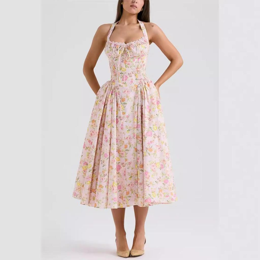 European and American sexy women's clothing new neck straps backless sleeveless dress big skirt retro medium