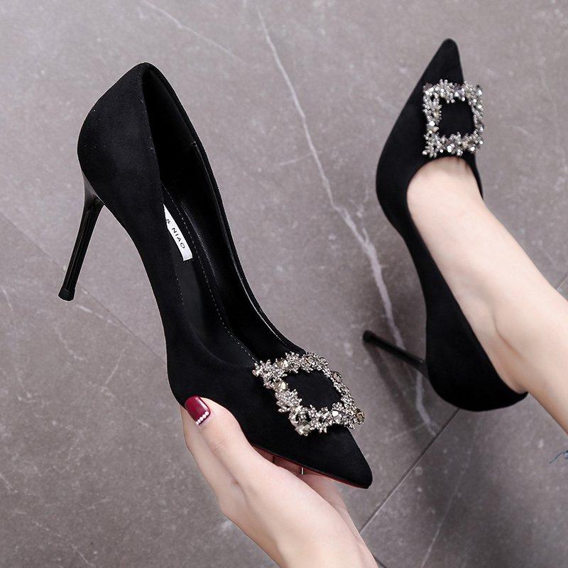 spring autumn new Versatile Pointed Thin high heels Women Mid Heeled pumps Square Buckle Elegant black high heels Shoes Womens