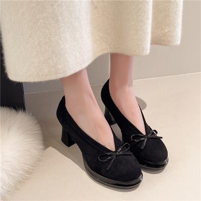 Mode 2025 Neue Rundheit High Heels mit Wildleder und Schleife Einzelne Schuhe mit einem Slipper Leichte Freizeit Damenschuhe Stilvoll und Bequem