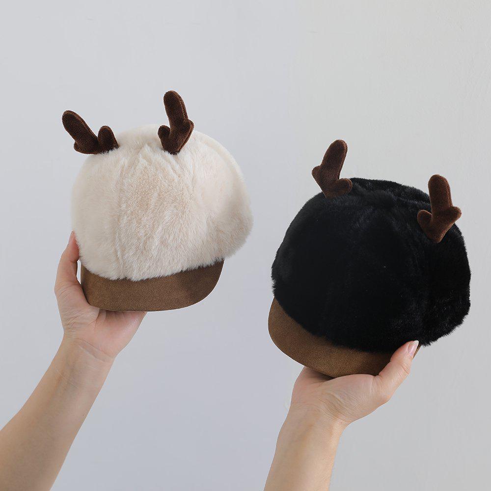 Cute Leopard Print Baby Winter Hat with Antlers - Unisex Korean Style Plush Baseball Cap