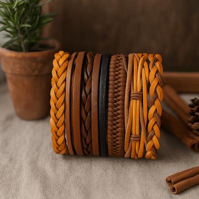 Conjunto de Pulseiras Masculinas Couro e Metal Ajustável