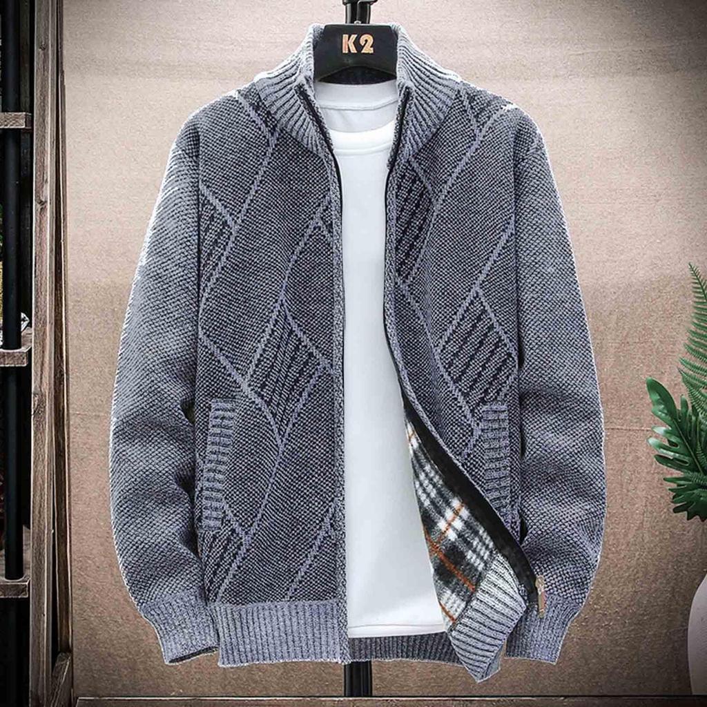 Men's Cardigan Sweaters Knitted Full Zip Collared Regular Fit Jacket Casual Color Block Baggy Winter Warm Coat