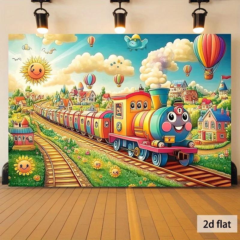 2D 1 Stück buntes Park-Hintergrundgewebe im Zug-Design, geeignet für die Verwendung als Hintergrund im Schlafzimmer und Büro