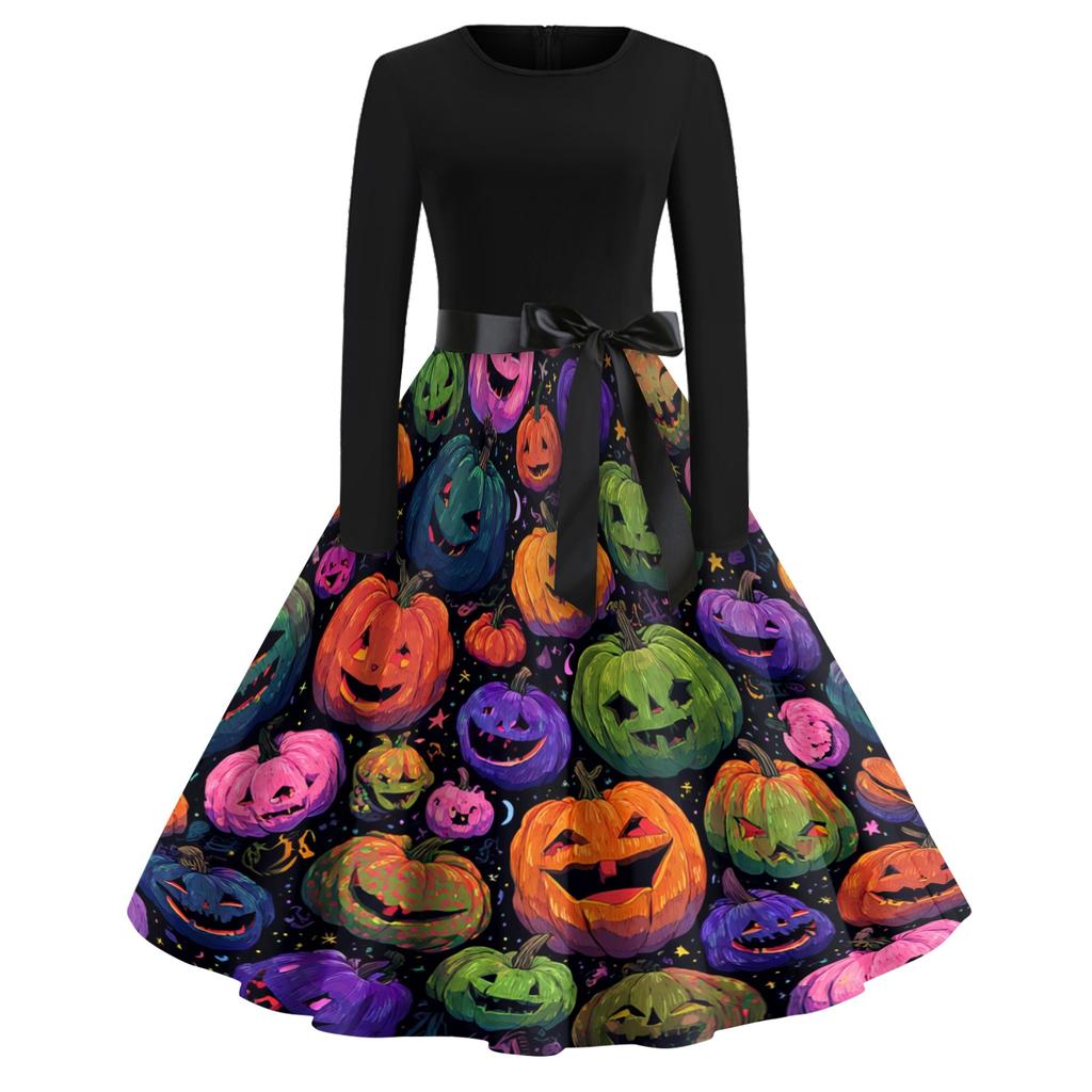 Women's Casual Vintage Halloween Dress Long Sleeve Round Neck A-Line Retro Print Midi Dress with Waist Tie for Autumn and Winter