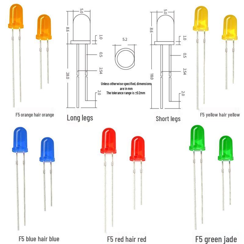 5mm Round LED Lamp Bead: Dual Leads with Flange, Red Emitting, Options in Yellow, Blue, Orange, and Emerald Green.