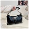 Retro Distressed Faux Leather Shoulder Bag for Women, Biker Style Rivet Pin Closure Clutch, Trendy Baguette Crossbody Handbag CLE