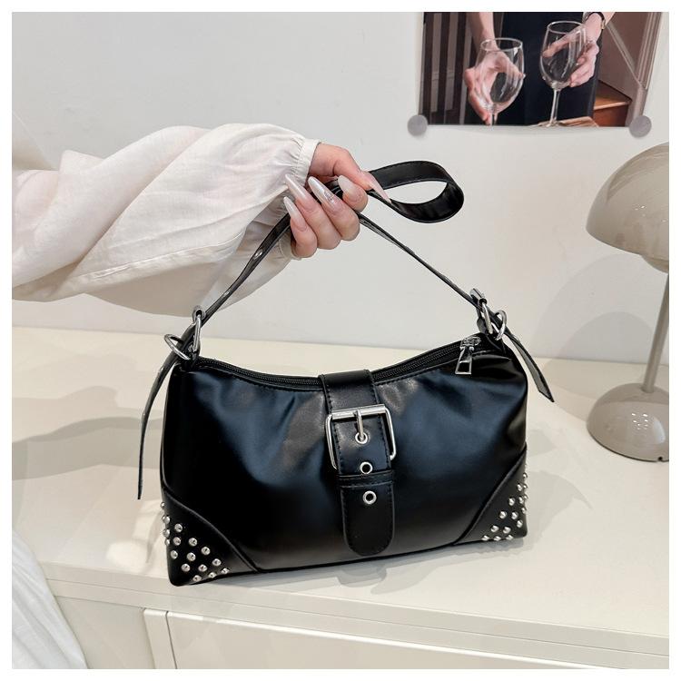 Retro Distressed Faux Leather Shoulder Bag for Women, Biker Style Rivet Pin Closure Clutch, Trendy Baguette Crossbody Handbag CLE