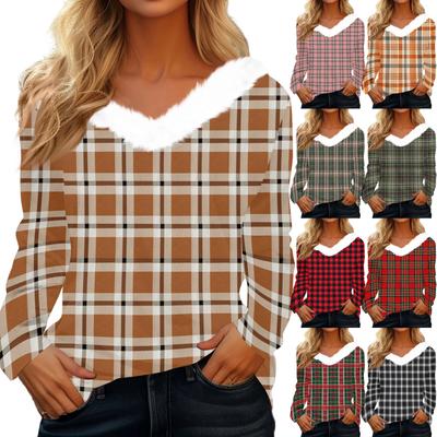 Women's Fashion Long Sleeve Plaid Print Fleece Collar V-Neck Top