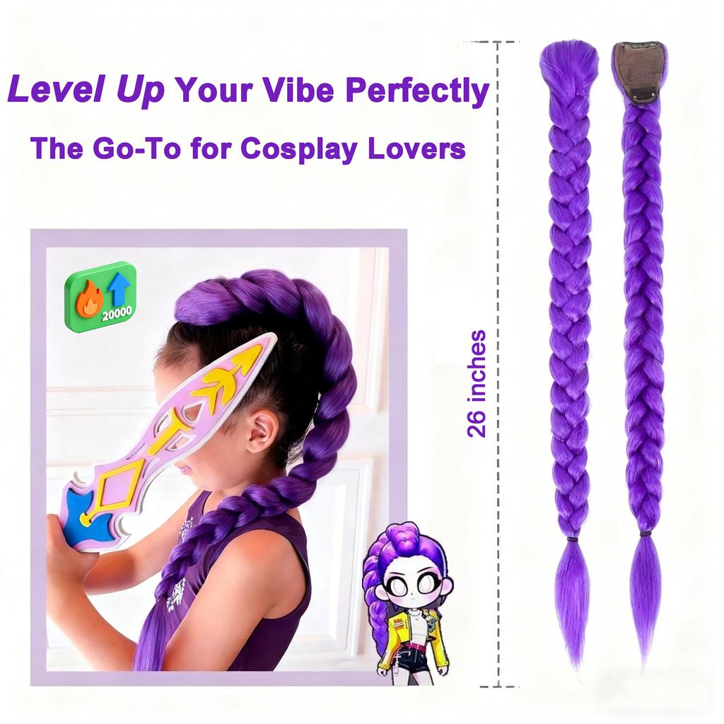 Synthetic Braided Purple Hair Extensions Ponytail Costume Hairstyle Long Ponytail with Clips for Kids Girls Halloween Christmas
